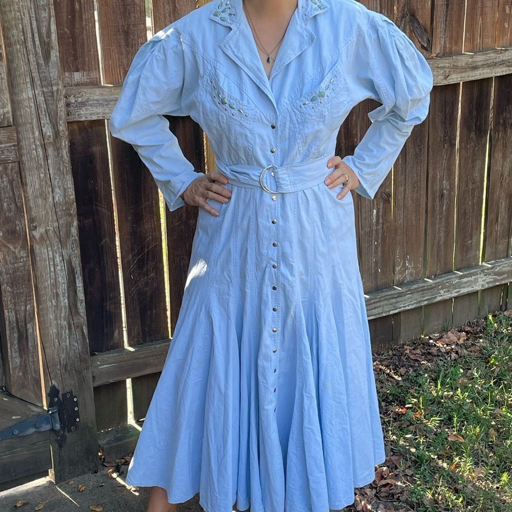 Vtg 80s/90s Karen Alexander light blue cotton western dress with‎ silver studs - Picture 1 of 16